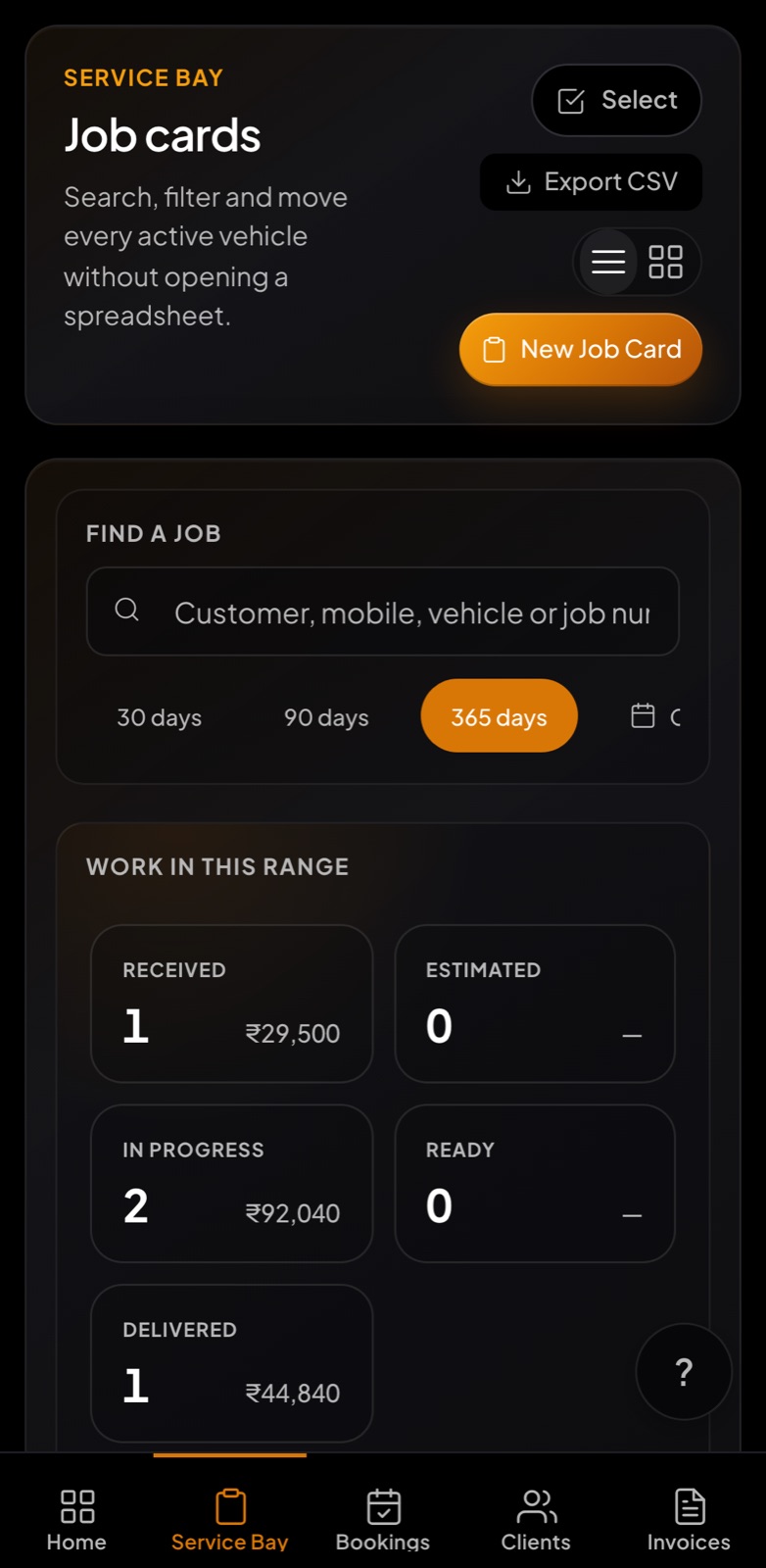 Kenro running on a phone — live job cards with customers, vehicles and amounts.